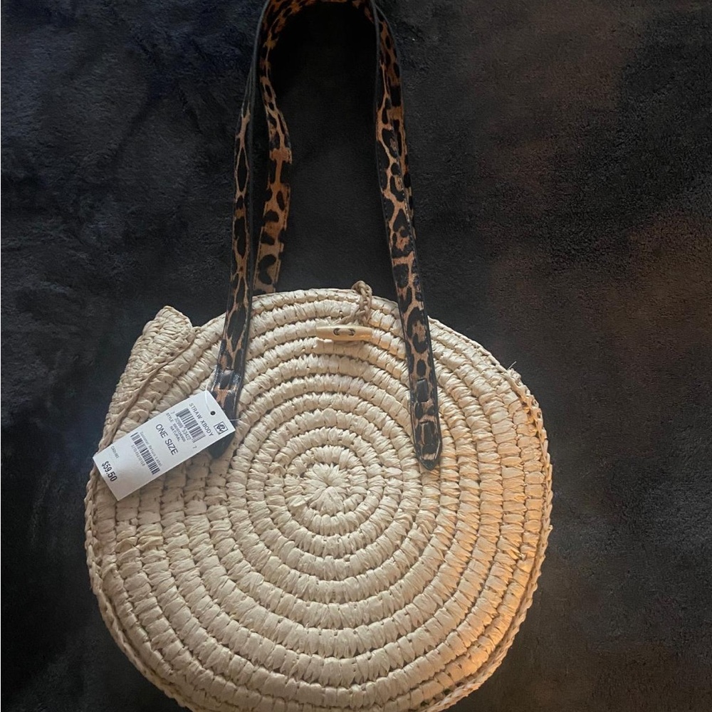 INC International Concepts Beige Straw Tote with Leopard Straps